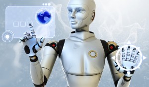 Female android using a futuristic interface